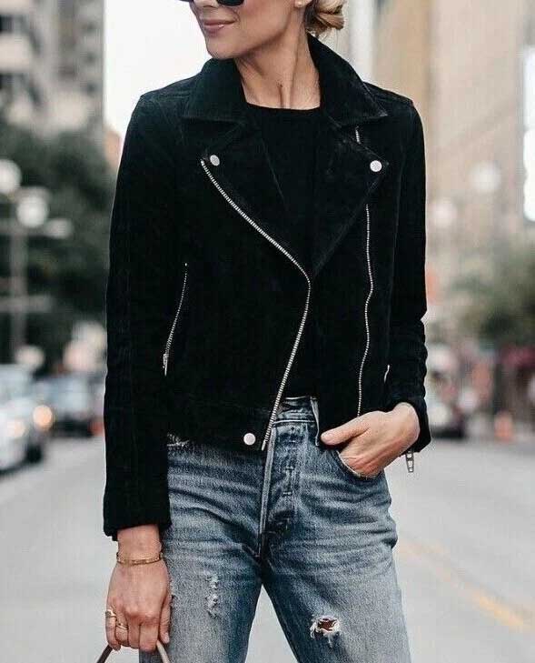 Black Suede Leather Biker Jacket for Women