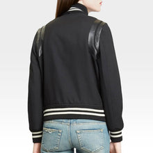 Load image into Gallery viewer, Black Varsity Bomber Jacket with Leather Trim
