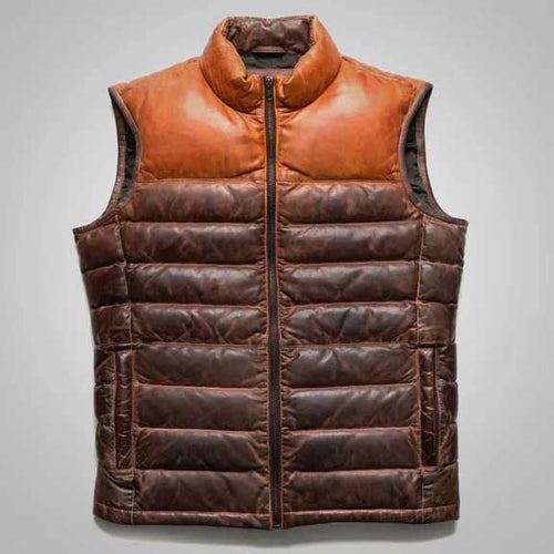 Brown Dual-Tone Men’s Leather Puffer Vest