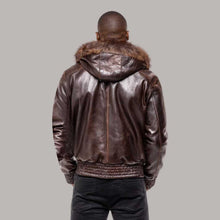 Load image into Gallery viewer, Brown Leather Bomber Jacket for Men with Fur Hood
