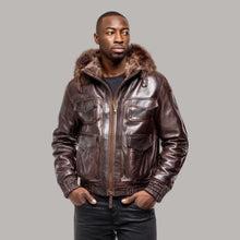 Load image into Gallery viewer, Brown Leather Bomber Jacket for Men with Fur Hood
