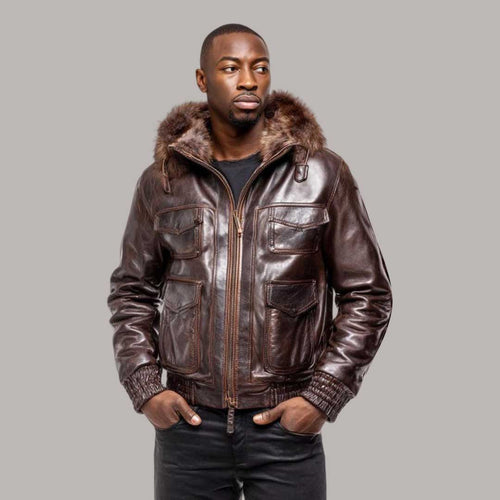 Brown Leather Bomber Jacket for Men with Fur Hood
