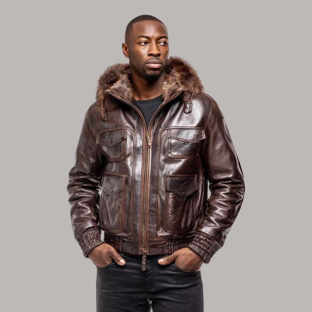 Brown Leather Bomber Jacket for Men with Fur Hood