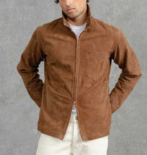 Load image into Gallery viewer, Brown Suede Cafe Racer Leather Jacket for Men
