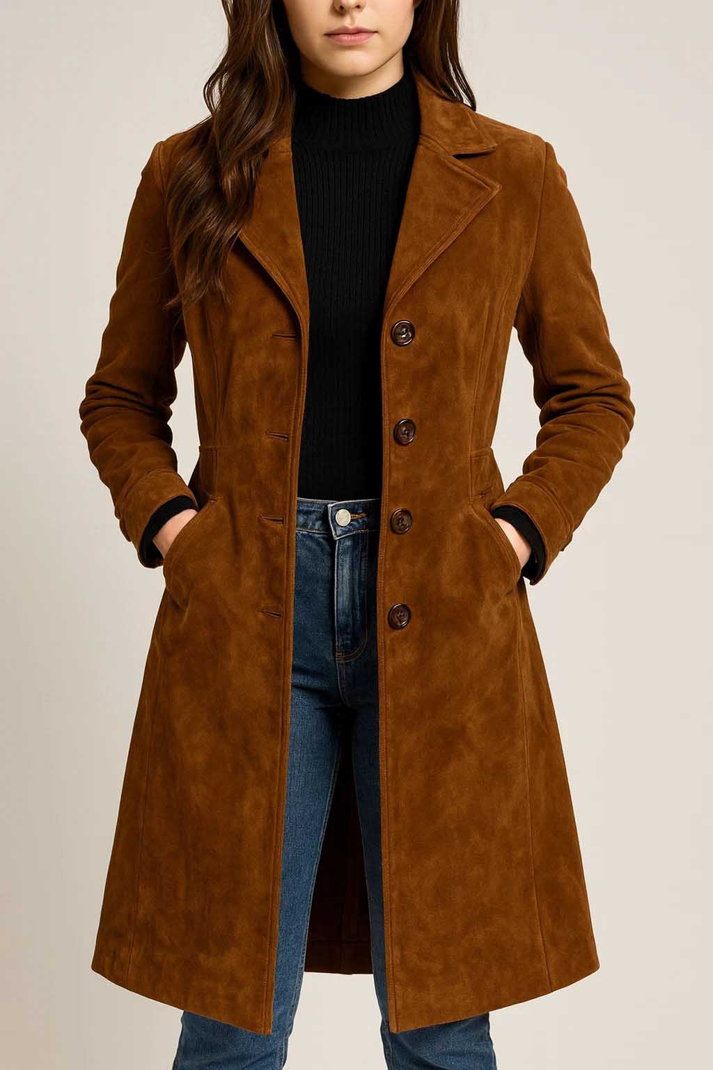 Brown Suede Leather Trench Coat for Women