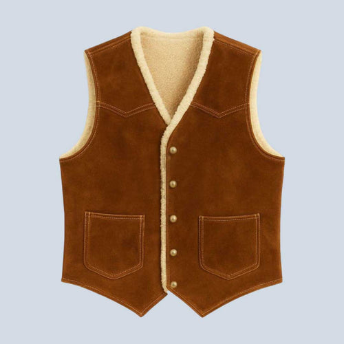 Brown Suede Western Vest with Sherpa Fur for Men
