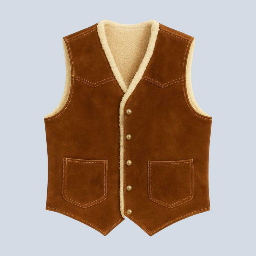 Brown Suede Western Vest with Sherpa Fur for Men