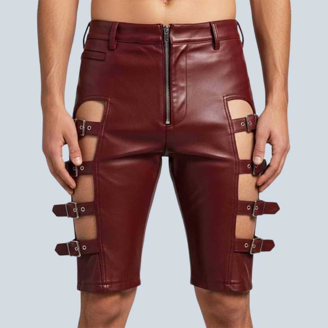 Burgundy Leather Strap Shorts for Men