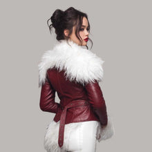 Load image into Gallery viewer, Burgundy Shearling Leather Aviator Jacket with White Fur Trim
