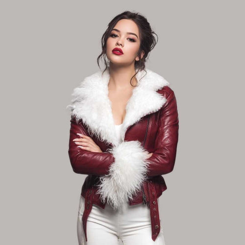 Burgundy Shearling Leather Aviator Jacket with White Fur Trim