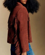 Load image into Gallery viewer, Burgundy Suede Fringe Biker Leather Jacket for Women
