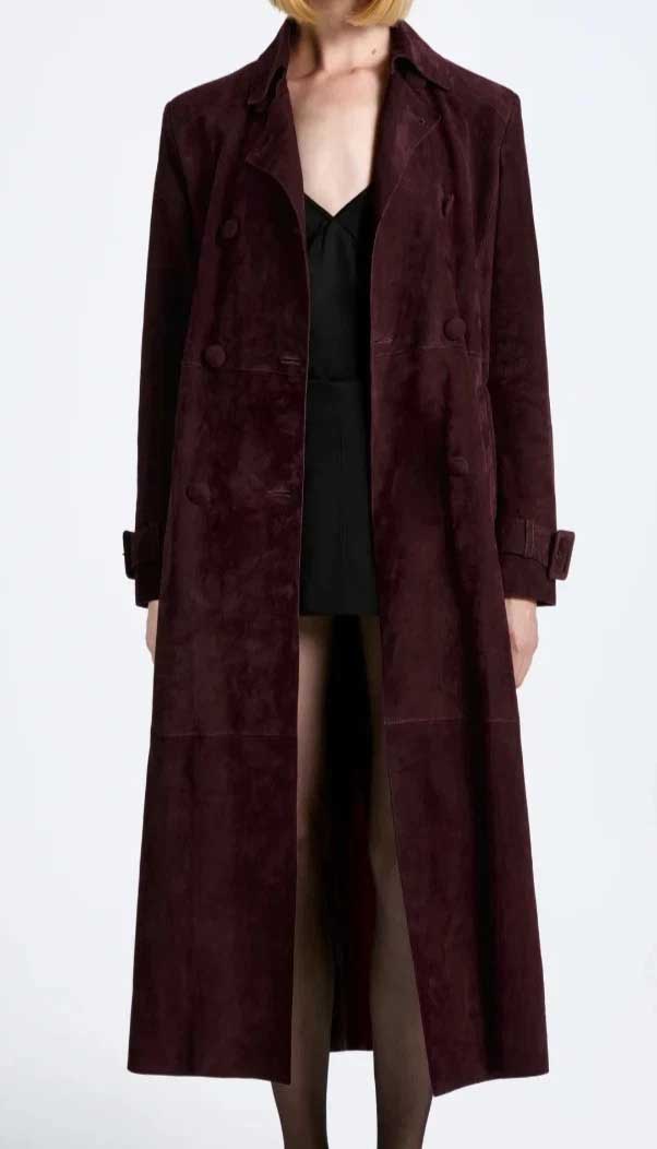 Burgundy Suede Leather Trench Coat for Women