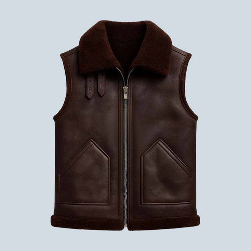 Men’s Brown Sheepskin Shearling Vest - Aviator Leather Waistcoat