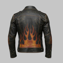 Load image into Gallery viewer, Men Black Distressed Flame Leather Biker Jacket
