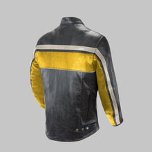 Load image into Gallery viewer, Men Black Leather Biker Jacket with Yellow and Grey Stripes
