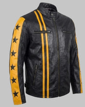 Load image into Gallery viewer, Men Black Leather Cafe Racer Jacket with Yellow Stripes and Star Sleeves
