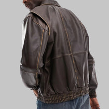 Load image into Gallery viewer, Men Dark Brown Distressed Oversized Leather Bomber Jacket
