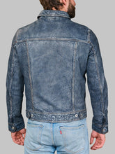 Load image into Gallery viewer, Men Distressed Blue Leather Trucker Jacket
