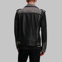 Load image into Gallery viewer, Men’s Stylish Black Studded Leather Biker Jacket
