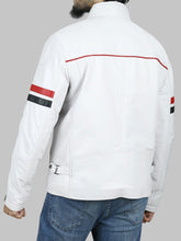 Load image into Gallery viewer, Men's White Cafe Racer Jacket with Red and Black Stripes

