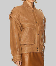 Load image into Gallery viewer, Women Camel Brown Oversized Leather Jacket
