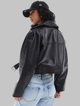 Load image into Gallery viewer, Women Classic Black Oversized Cropped Leather Biker Jacket
