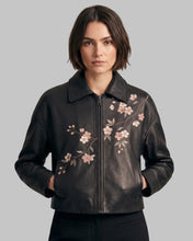 Load image into Gallery viewer, Women Flower Embroidered Black Leather Biker Jacket
