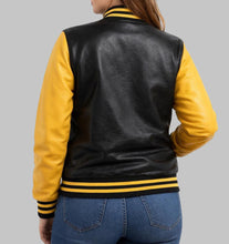 Load image into Gallery viewer, Women's Black and Yellow Leather Varsity Jacket
