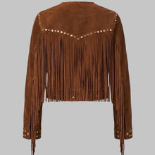 Load image into Gallery viewer, Women's Brown Suede Studded Leather Fringed Jacket
