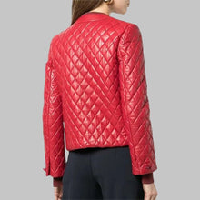 Load image into Gallery viewer, Women’s Collarless Quilted Red Leather Jacket
