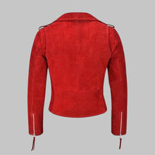 Load image into Gallery viewer, Women's Stylish Red Suede Leather Moto Jacket
