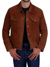 Load image into Gallery viewer, Camel Suede Leather Tucker Jacket with Snap Closure
