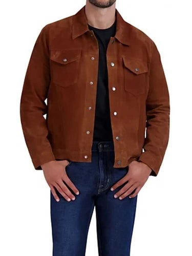Camel Suede Leather Tucker Jacket with Snap Closure