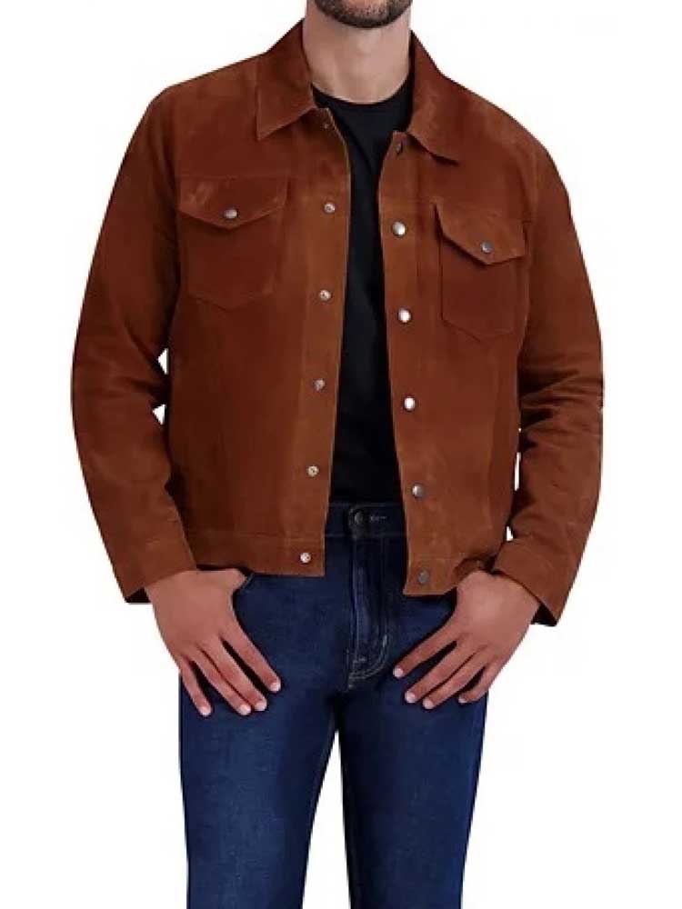 Camel Suede Leather Tucker Jacket with Snap Closure