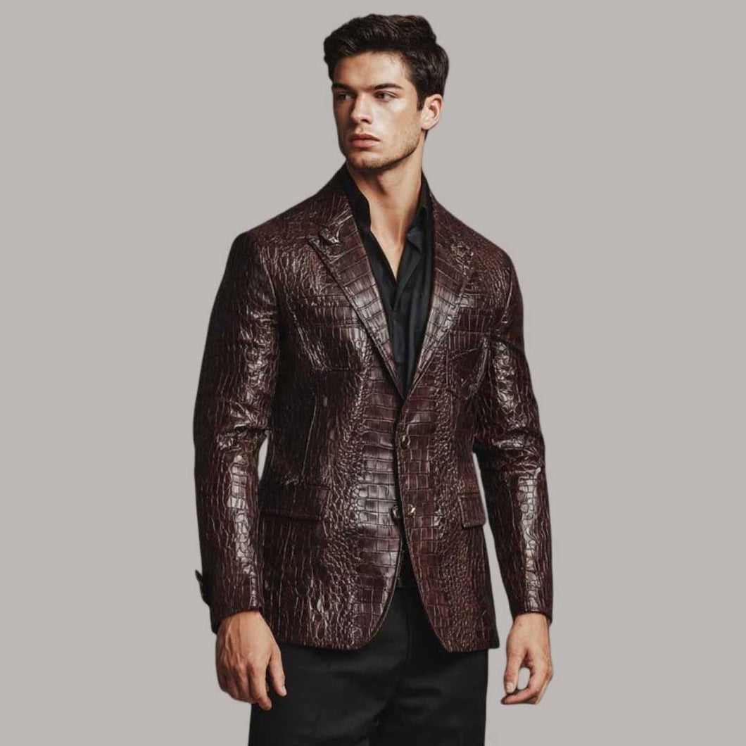 Chocolate Brown Crocodile Embossed Leather Blazer for Men