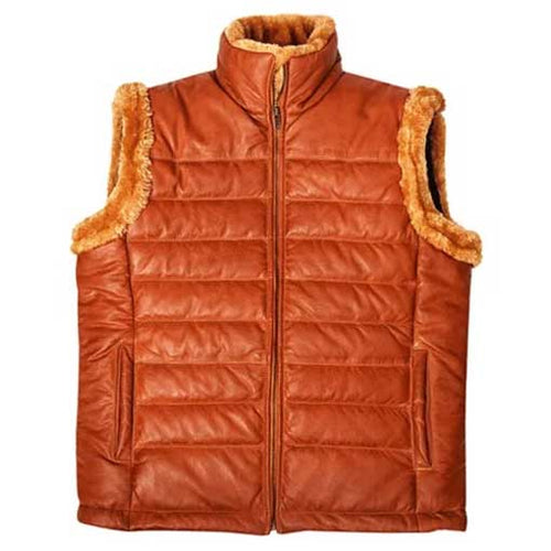 Cognac Sherpa-Lined Leather Puffer Vest for Men