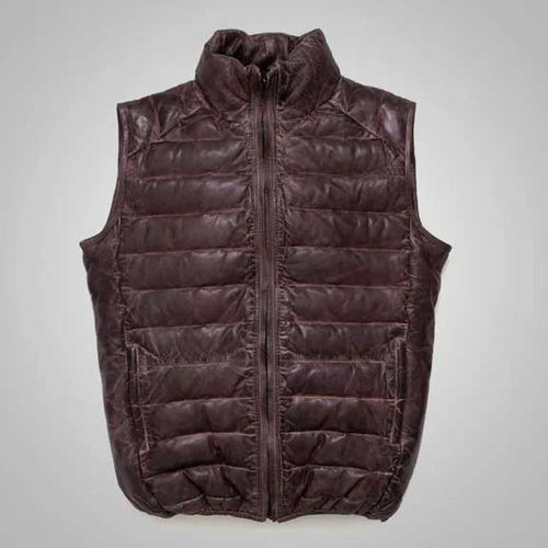 Dark Brown Downs Men’s Leather Puffer Vest