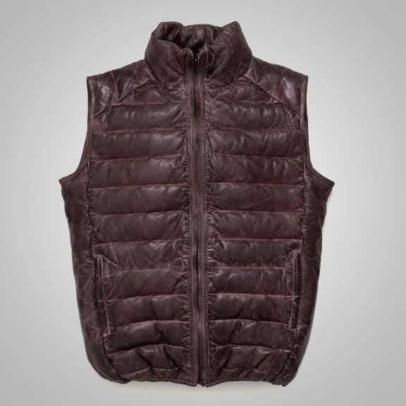 Dark Brown Downs Men’s Leather Puffer Vest
