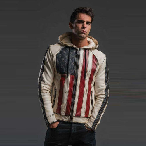 Distressed American Flag Leather Biker Hoodie Handmade Jacket