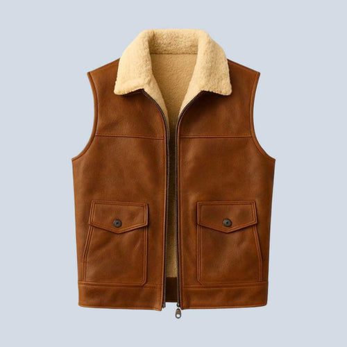 Distressed Brown Sheepskin Western Vest with Sherpa Fur for Men