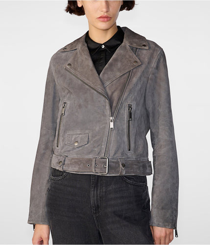 Women Gray Suede Leather Biker Jacket