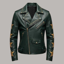 Load image into Gallery viewer, Green Leather Biker Jacket with Gold Stars
