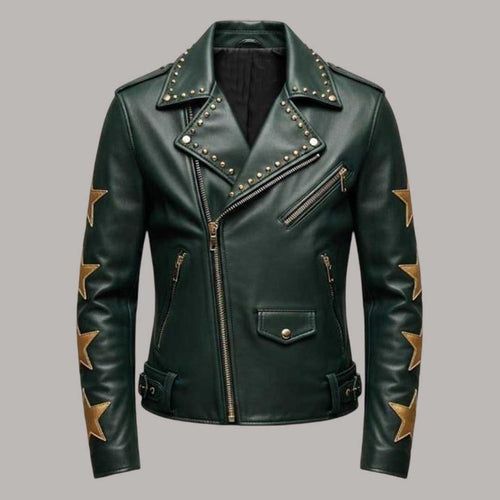 Green Leather Biker Jacket with Gold Stars