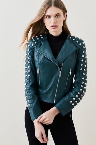 Green Studded Quilted Leather Jacket for Women