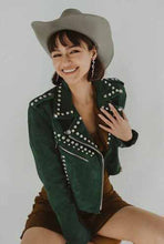 Load image into Gallery viewer, Green Studded Suede Leather Jacket for Women

