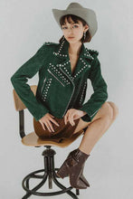 Load image into Gallery viewer, Green Studded Suede Leather Jacket for Women
