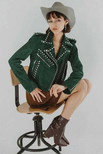 Green Studded Suede Leather Jacket for Women