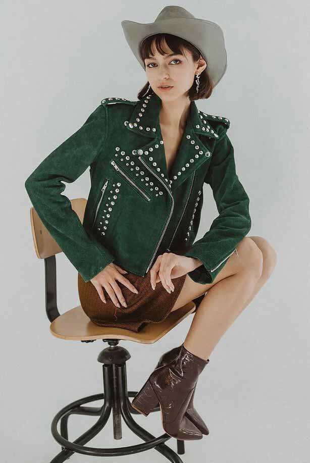Green Studded Suede Leather Jacket for Women