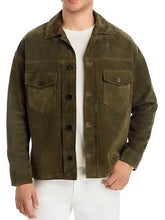 Load image into Gallery viewer, Green Suede Leather Jacket with Shirt Collar
