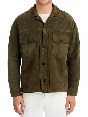 Green Suede Leather Jacket with Shirt Collar